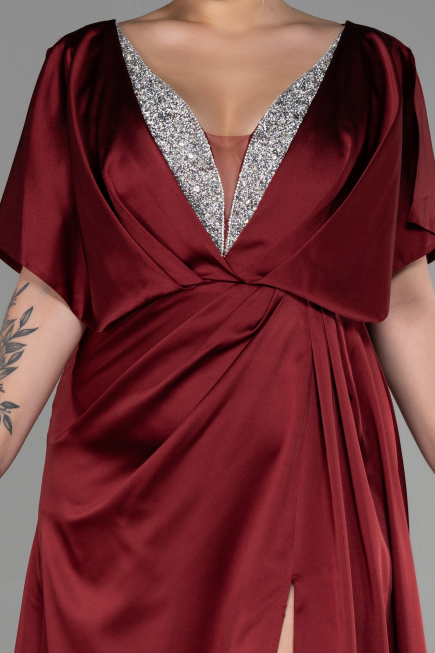 Robe De Fiançailles Grande Taille Longue Satin Rouge Bordeaux ABU3442