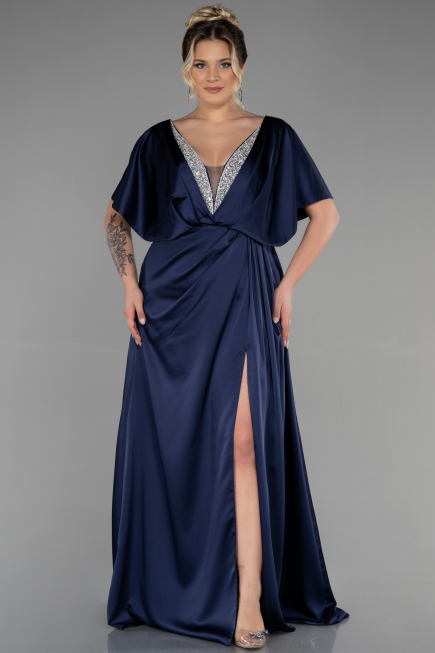 Robe De Fiançailles Grande Taille Longue Satin Bleu Marine ABU3442