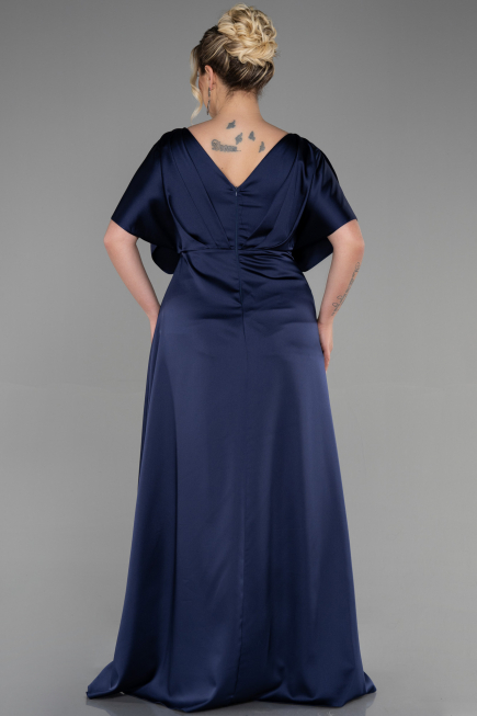 Robe De Fiançailles Grande Taille Longue Satin Bleu Marine ABU3442