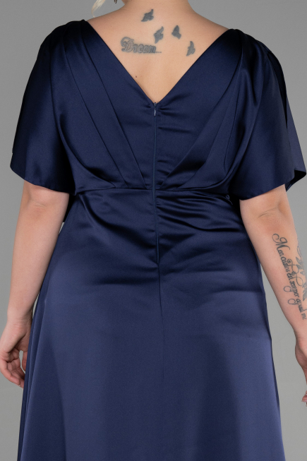 Robe De Fiançailles Grande Taille Longue Satin Bleu Marine ABU3442