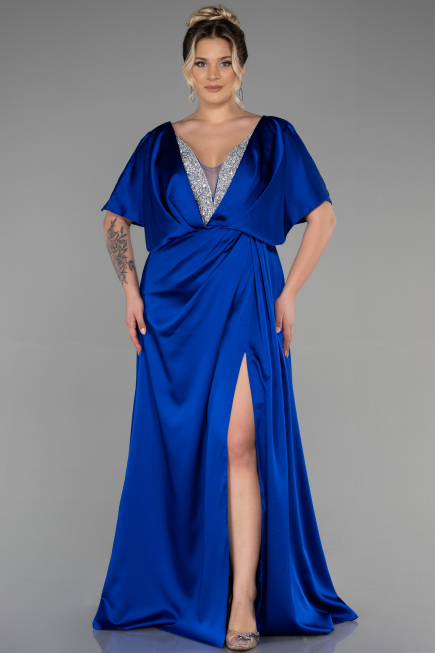 Robe De Fiançailles Grande Taille Longue Satin Bleu Saxe ABU3442
