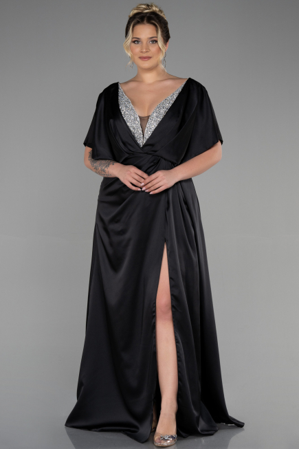 Robe De Fiançailles Grande Taille Longue Satin Noir ABU3442