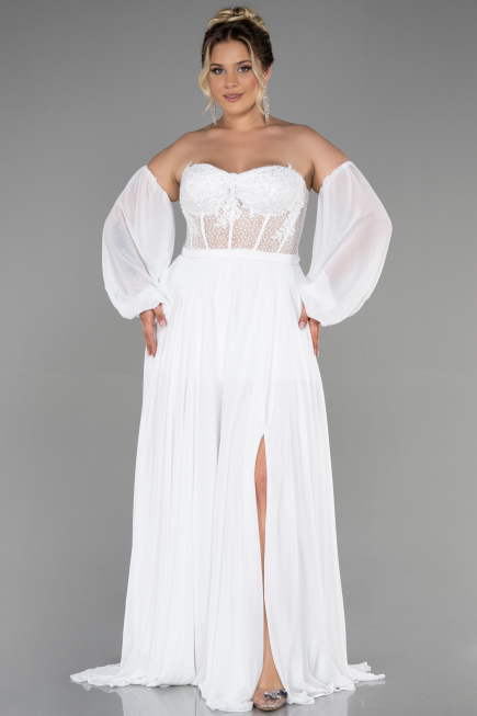 Robe De Soirée Grande Taille Mousseline Longue Blanc ABU3380