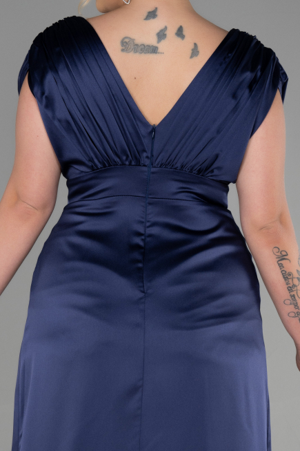 Robe De Fiançailles Grande Taille Longue Satin Bleu Marine ABU3433