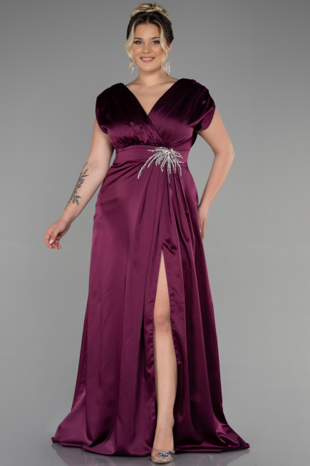 Robe De Fiançailles Grande Taille Longue Satin Prune ABU3433