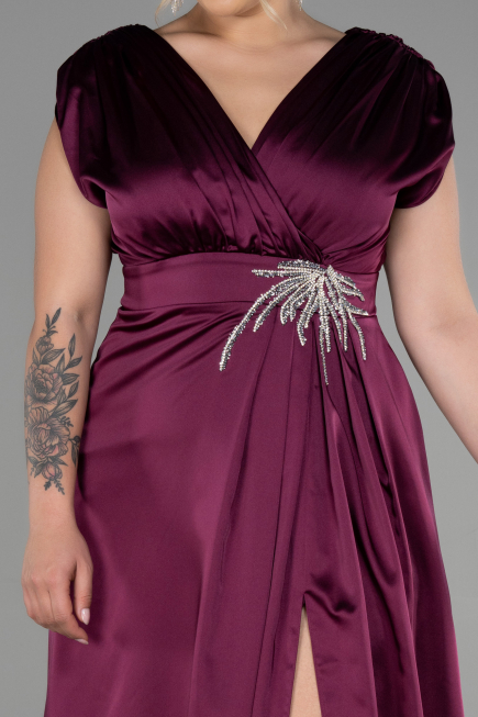 Robe De Fiançailles Grande Taille Longue Satin Prune ABU3433