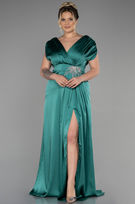Robe De Fiançailles Grande Taille Longue Satin Émeraude ABU3433