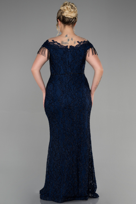 Robe de Soirée Grande Taille Longue Lacé Bleu Marine ABU3435