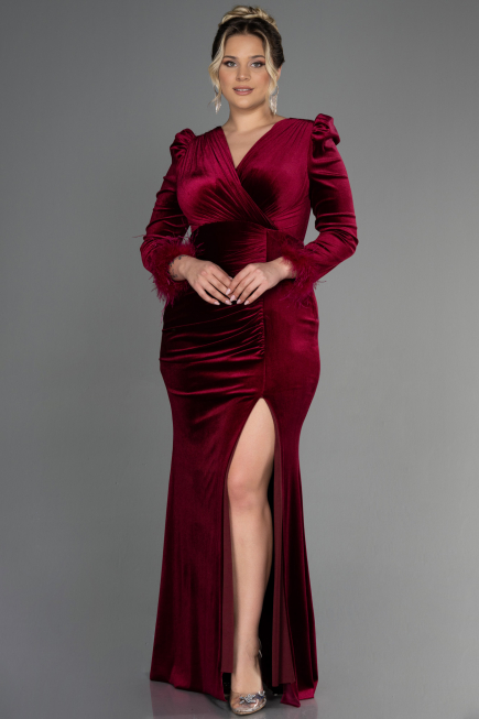 Robe de Soirée Grande Taille Longue Velours Longue Velours Rouge Bordeaux ABU3394
