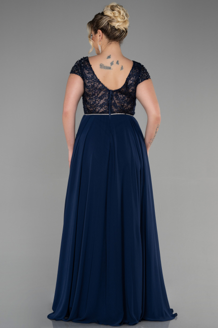 Robe de Soirée Grande Taille Longue Mousseline Bleu Marine ABU3441