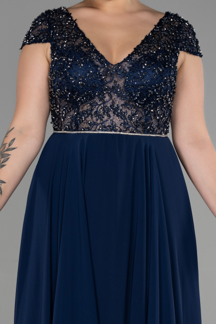 Robe de Soirée Grande Taille Longue Mousseline Bleu Marine ABU3441