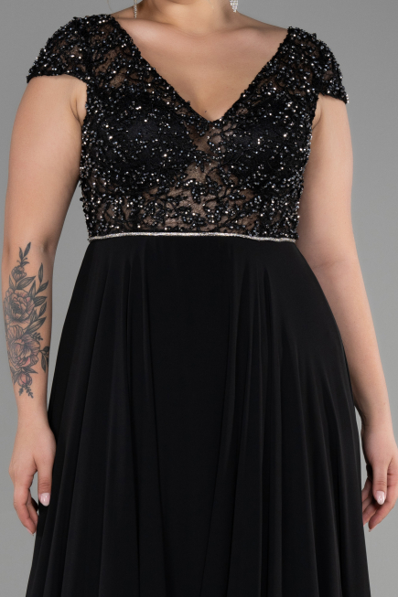 Robe de Soirée Grande Taille Longue Mousseline Noir ABU3441