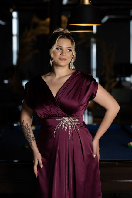 Robe De Fiançailles Grande Taille Longue Satin Prune ABU3433