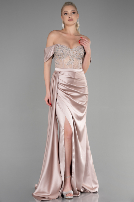 Robe De Soirée Satin Longue Cappuccino ABU3446
