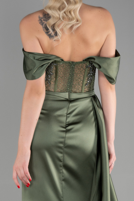 Robe De Soirée Satin Longue Vert Huile ABU3446