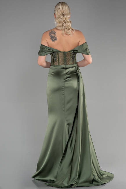 Robe De Soirée Satin Longue Vert Huile ABU3446