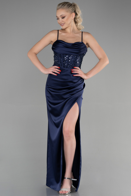 Robe de Soirée Longue Satin Bleu Marine ABU3459