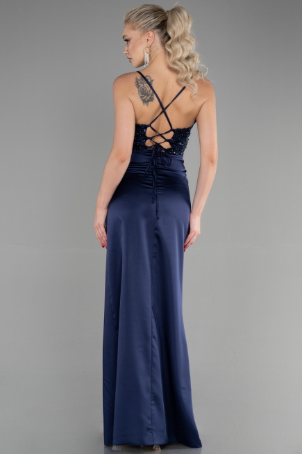 Robe de Soirée Longue Satin Bleu Marine ABU3459