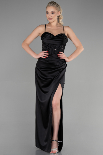 Robe de Soirée Longue Satin Noir ABU3459