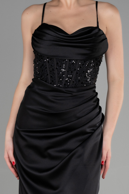 Robe de Soirée Longue Satin Noir ABU3459