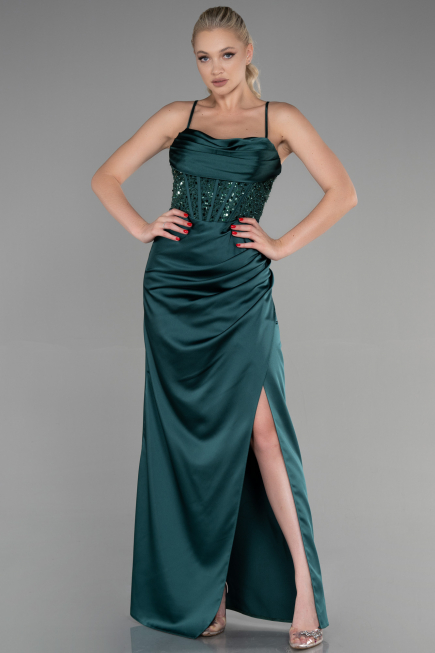 Robe de Soirée Longue Satin Émeraude ABU3459