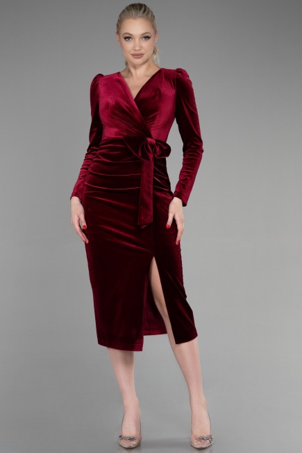 Robe de Cérémonie Midi Velours Rouge Bordeaux ABK1896