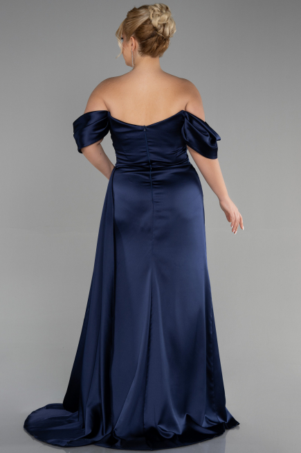 Robe Grande Taille Longue Satin Bleu Marine ABU3469