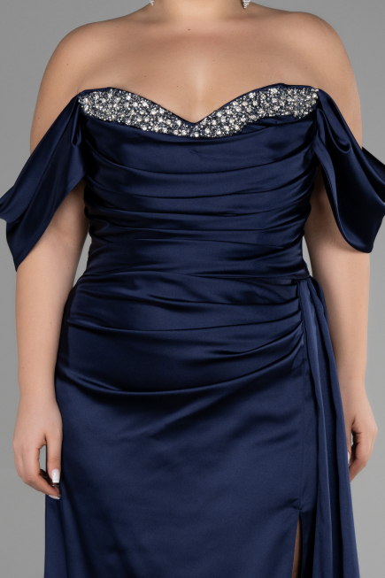Robe Grande Taille Longue Satin Bleu Marine ABU3469