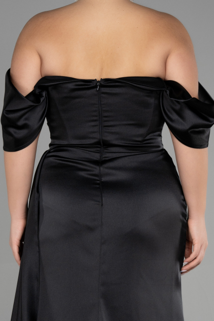 Robe Grande Taille Longue Satin Noir ABU3469
