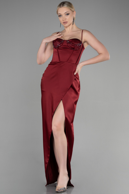Robe de Soirée Longue Satin Rouge Bordeaux ABU3390