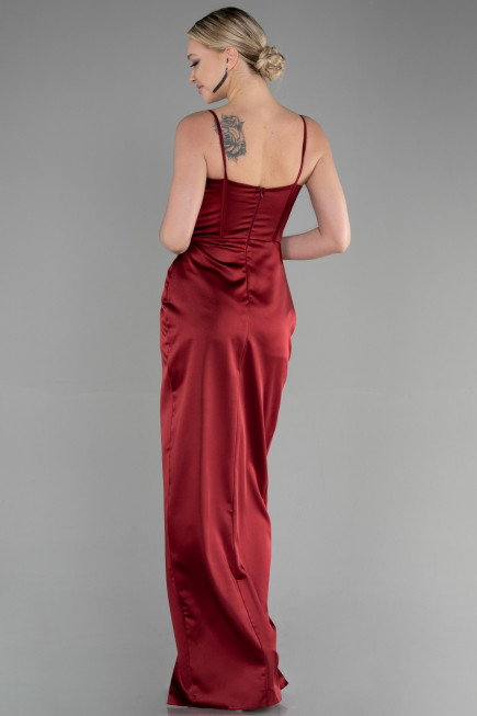 Robe de Soirée Longue Satin Rouge Bordeaux ABU3390