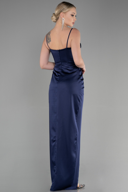 Robe de Soirée Longue Satin Bleu Marine ABU3390
