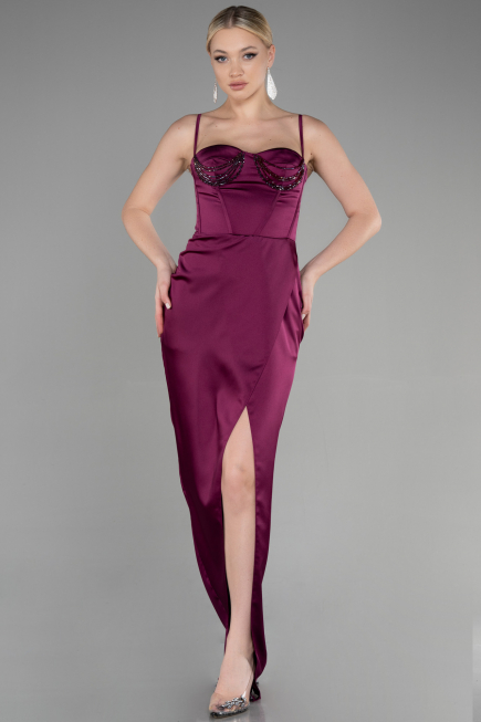 Robe de Soirée Longue Satin Prune ABU3390