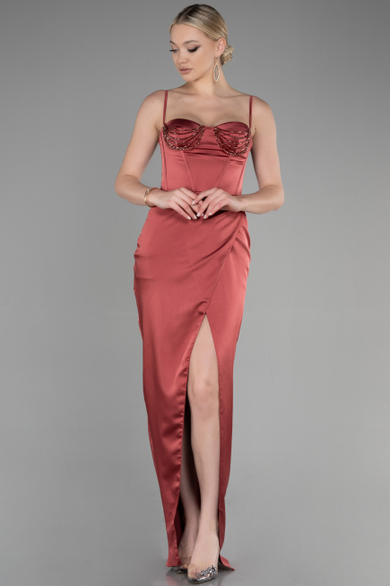 Robe de Soirée Longue Satin Marron Clair ABU3390