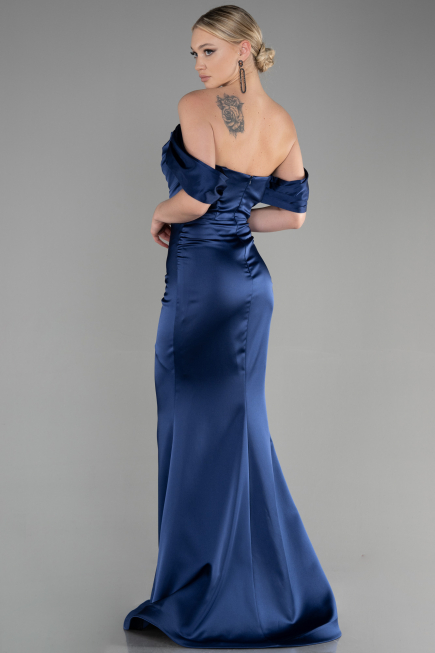 Robe Queue de Poisson Longue Satin Bleu Marine ABU3479