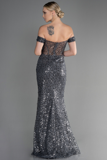 Robe de Soirée Longue Squameuse Anthracite ABU3498