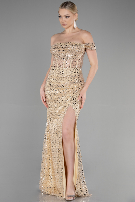 Robe de Soirée Longue Squameuse Or ABU3498