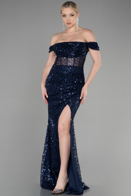 Robe de Soirée Longue Squameuse Bleu Marine ABU3498