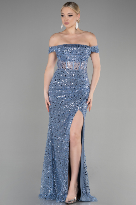 Robe de Soirée Longue Squameuse Bleu ABU3498