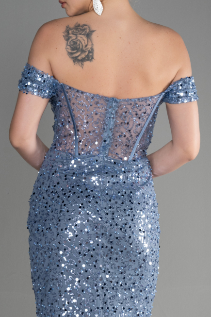 Robe de Soirée Longue Squameuse Bleu ABU3498