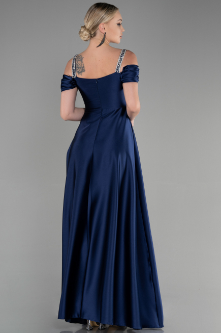 Robe de Soirée Longue Satin Bleu Marine ABU3499