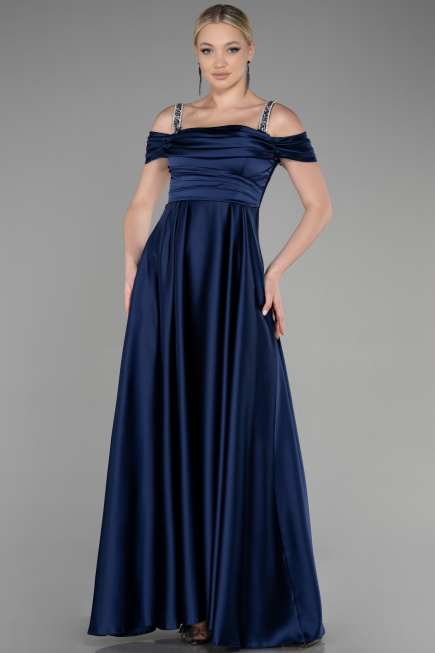 Robe de Soirée Longue Satin Bleu Marine ABU3499
