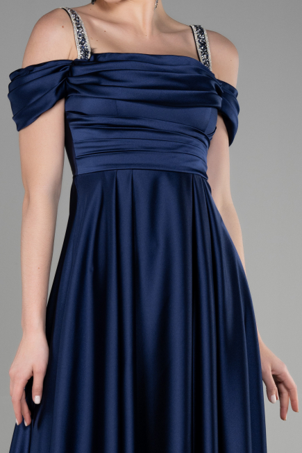 Robe de Soirée Longue Satin Bleu Marine ABU3499