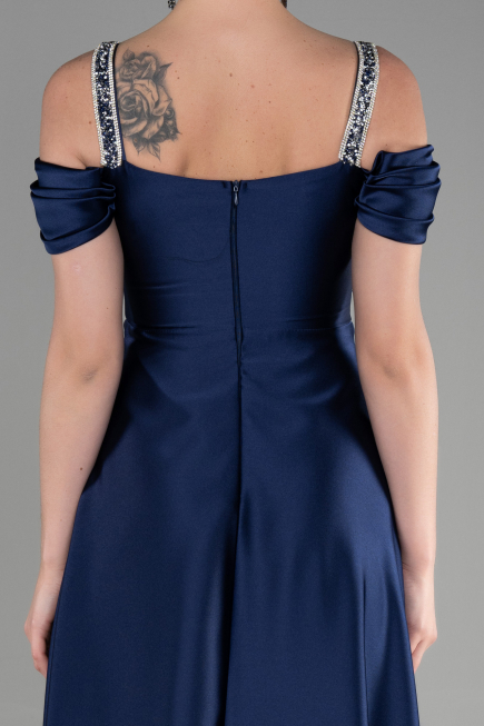 Robe de Soirée Longue Satin Bleu Marine ABU3499