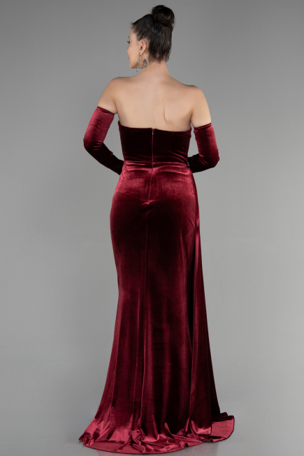 Robe de Soirée Longue Velours Rouge Bordeaux ABU3364