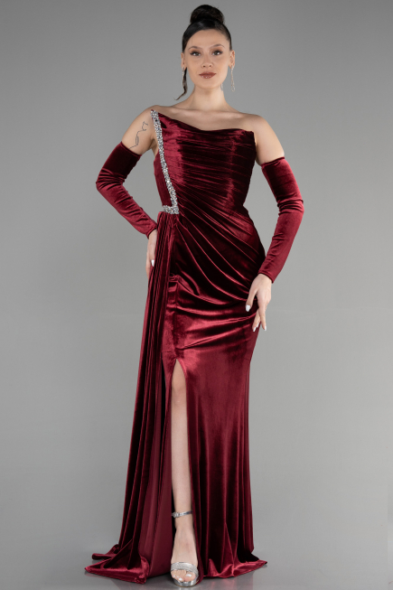 Robe de Soirée Longue Velours Rouge Bordeaux ABU3364