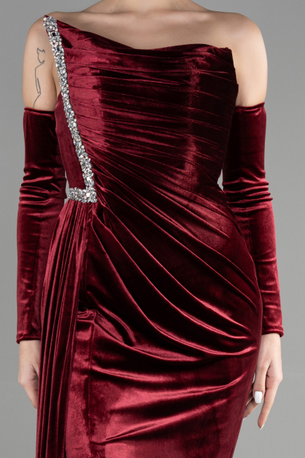 Robe de Soirée Longue Velours Rouge Bordeaux ABU3364