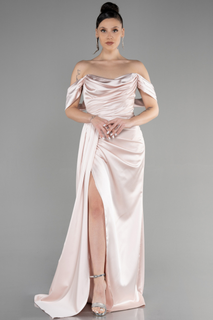 Robe de Soirée Longue Satin Beige ABU3514