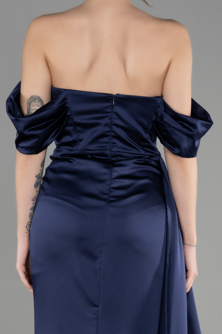 Robe de Soirée Longue Satin Bleu Marine ABU3514