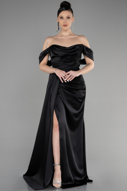 Robe de Soirée Longue Satin Noir ABU3514